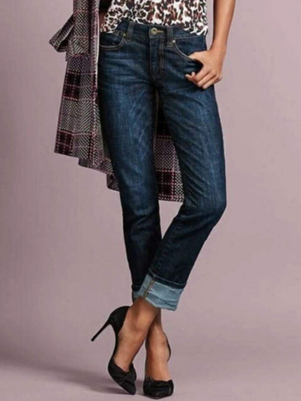 CAbi 5166 The Straight Jeans Women 14 Dark Wash Blue Mid Rise Stretch Whiskered